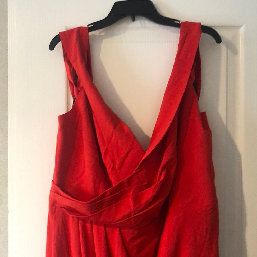 Long formal hot red dress, off the shoulders, side wrap slit.